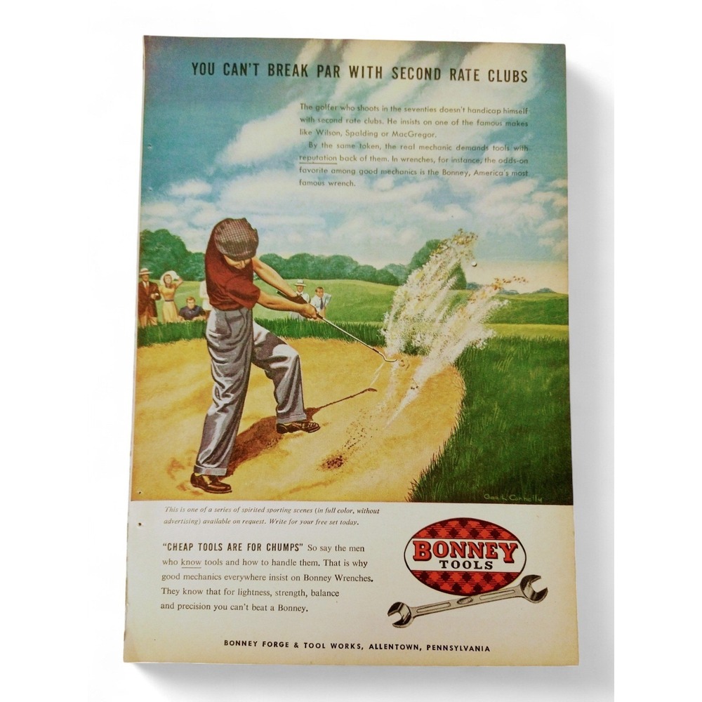 1951 Bonney Tools Print Ad Golf Cartoon Sand Trap Wrenches Allentown PA Ephemera
